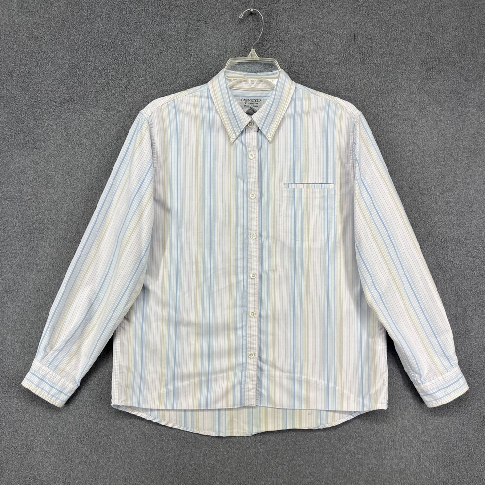 Cabin Creek Button Down Shirt Womens 10 Blue Tan Stripe Wrinkle Free Collared